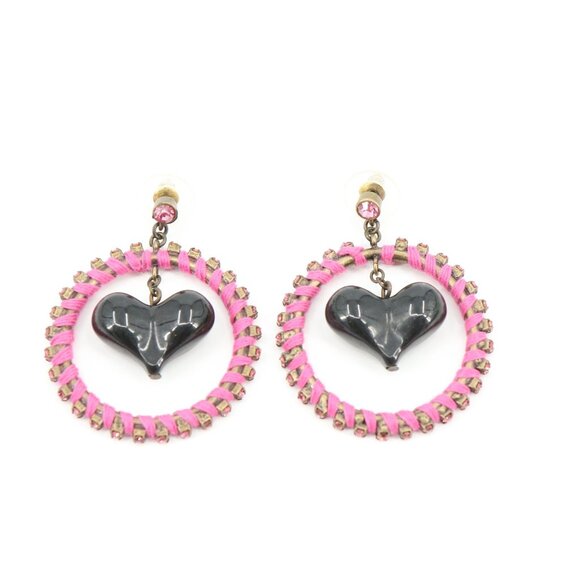 Betsey Johnson Black Puff Heart Pink Wrapped Rhinestone Hoop Earrings - Picture 6 of 6